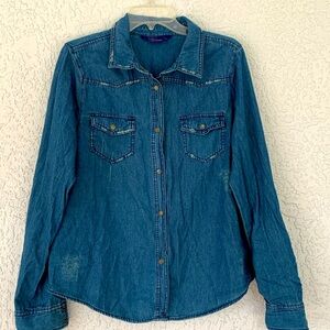 MILEY CYRUS MAX AZRIA  DISTRESSED JEAN BUTTON DOWN SHIRT SIZE XL